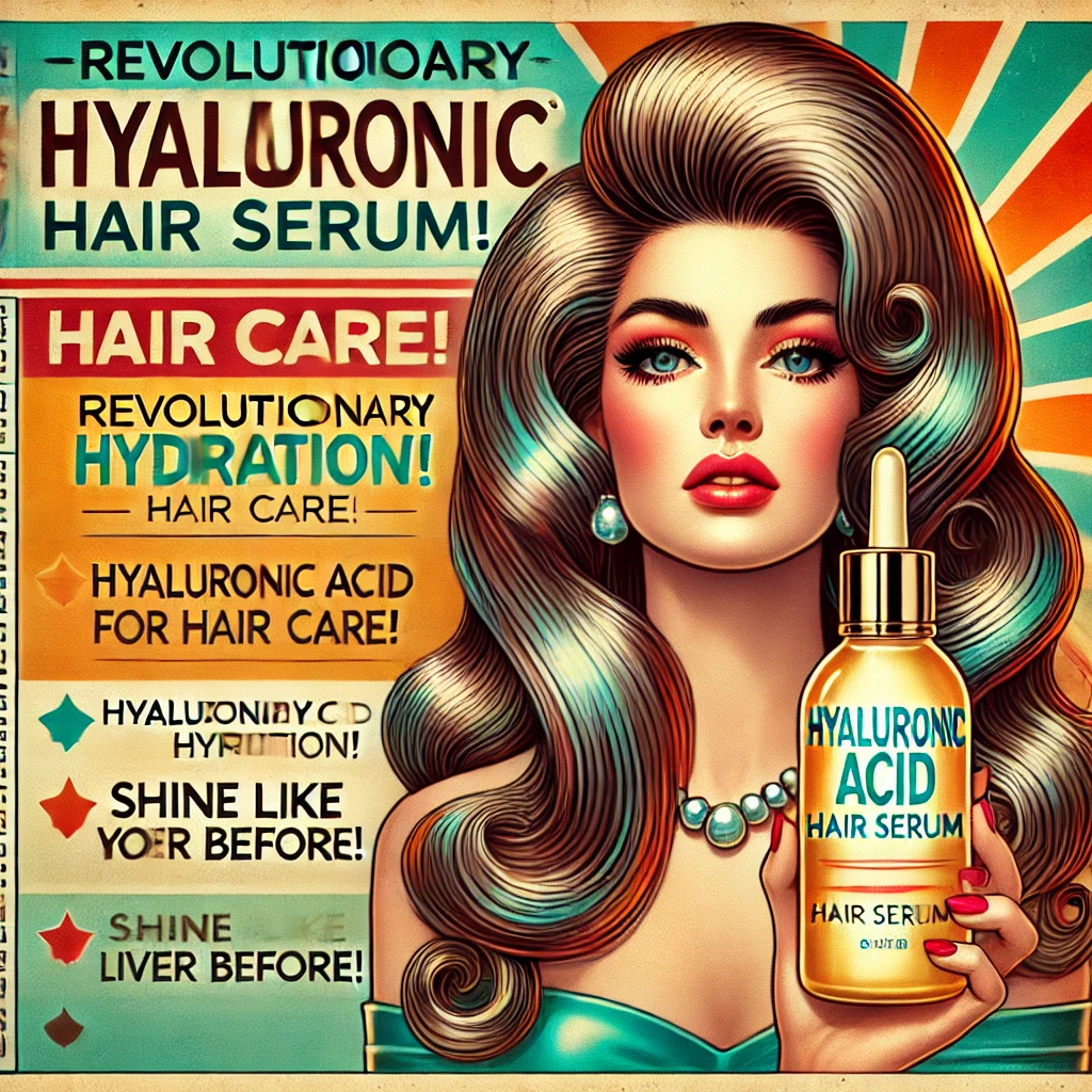 Acido hialuronico para el cabello. A 1970s-style fashion magazine illustration featuring a glamorous woman with shiny, hydrated hair styled in voluminous waves, showcasing the benefits